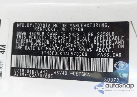 2010 Toyota Camry Xle z USA, uszkodzony, nr VIN 4T1BF3EK1AU570369
